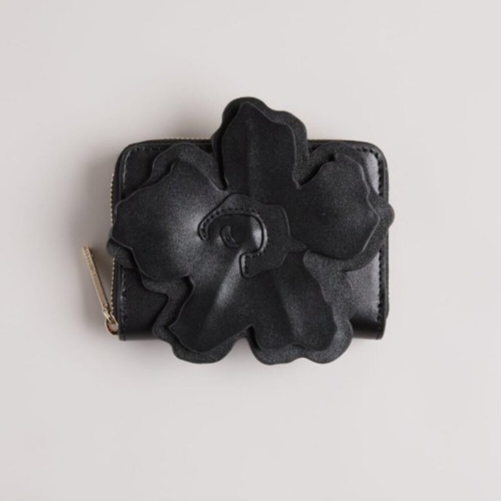 Ted Baker London Flower Laser Cut Out Zip Purse Small Leather Wallet Black
